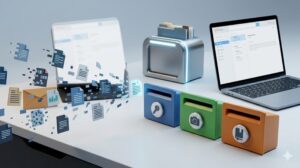 デスク上の雑多な手紙や封筒が山積みになった郵便箱から、3つの小さな郵便受け(未処理、保管、参考を象徴するアイコン、文字なし)へと、封筒が移動している。未処理の郵便受けには仮置き箱のミニチュアが置かれている