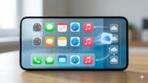 スマートフォンの画面。汎用的なアプリアイコンが整然と並んでいる。画面中央には、新しく追加された汎用的なアプリのアイコンを一時的に置くための「仮置き場」が点線で区切られている。そこから定位置へ戻る動きが青い光の筋と矢印で示されており、動的な整理を支える仕組みを表現している。