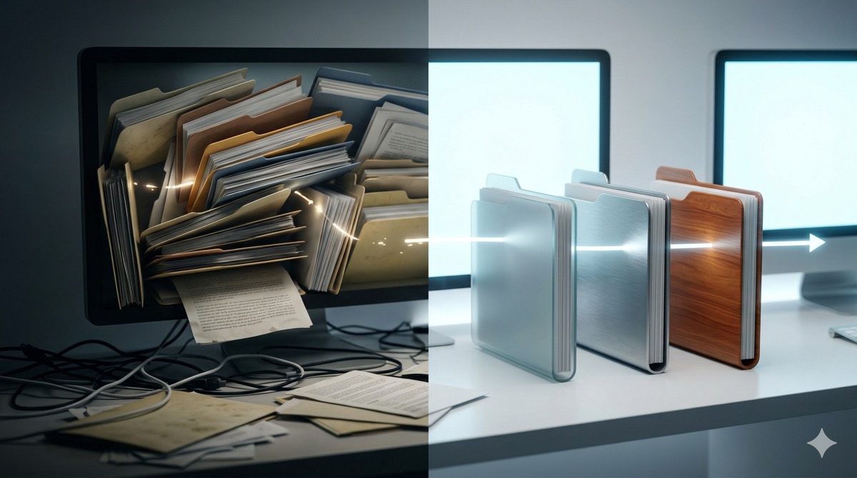 フォルダ整理は“3階層”まで｜乱雑なフォルダ管理と、3つの清潔なフォルダで整理されたデジタルデスクの対比