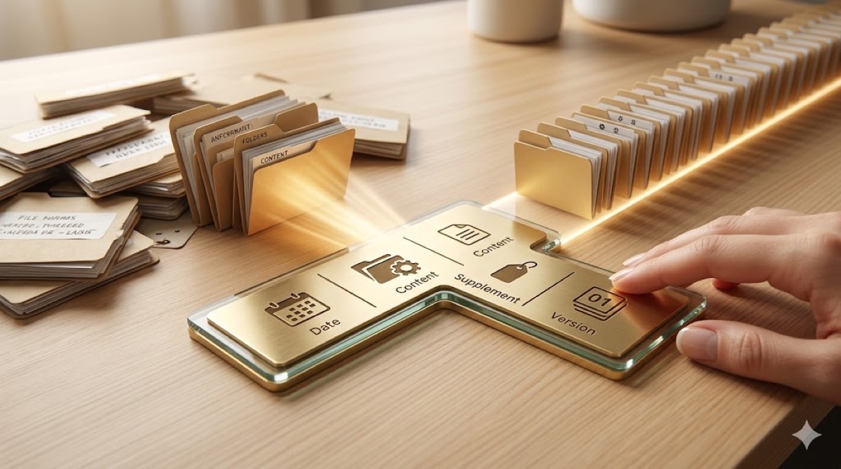 木目のデスクに置かれた、真鍮とガラスで作られた精密な「命名テンプレート定規」のクローズアップ写真。定規には、カレンダー（日付）、ギアと書類（内容）、タグ（補足）、バージョンのアイコンが刻印されている。定規から出る光が、左側の乱雑なフォルダを、右側の整然と並んだファイル列に変換している。混沌としたファイル整理を命名ルールで解決する、効率的な管理を象徴する記事全体のアイキャッチ画像。