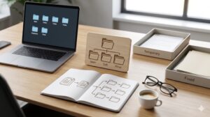 整理されたデスク上の木製プラークとフローチャート(フォルダ階層の上限固定と入口・定位置の基準)