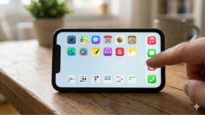 整理されたスマートフォンのホーム画面で、上部2段(DAILY ZONE)に美しく配置された選りすぐりのアプリ(光輝くアイコン)と、その下のクリーンな空白、そして hintされた整理された奥ゾーン(OCCASIONAL ZONE)が、完全に調和している。ユーザーの手がスムーズに画面をスワイプしており、効率性と心の平穏を表現したリアルな写真。