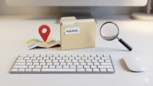 デスクの上に置かれた、コンパス(場所)、ラベル付きフォルダ(名前)、虫眼鏡(見つけ方)の3つのオブジェクトが並ぶ、仮置きフォルダ設計のイメージ