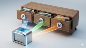 整然とした木製のキャビネットに3つのラベル付き引き出し(鍵、カメラ、本のアイコン)が並ぶ。手前に置かれた光る仮置き箱から、3つの引き出しへ3つの異なる色の光の動線が伸びている