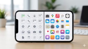 スマートフォンの画面、スプリットスクリーンビュー。左側には汎用的なアイコンが入った整理された半透明のボックス(フォルダ)が、右側にはフォルダに入っていない汎用的なアプリアイコンが完璧なグリッドレイアウトで並んでいる。両方のスタイルで完璧な整列を示している。