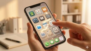 構造的な枠組み（型）に強化されたスマートフォン画面に、静寂でフローのある光の筋が流れる様子。指が画面を優しく操作し、整理されたデジタル空間で「考えずに進む」自動的な行動の流れを表現。まとめアイキャッチ画像。