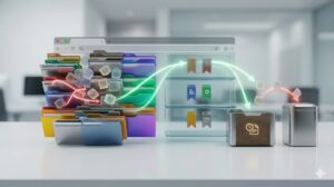 一時的な受け取り箱から、折りたたまれた付箋(タブ)やデータキューブが、3段の整理されたブックマーク棚へ、洗練された光の軌跡を伴って整然と直行する様子。不要なものはリサイクルボックスへ送られている。