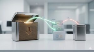 一時的な受け取り箱から、定位置のフォルダやリサイクルボックスへ移動する、洗練された光の軌跡とファイルの動き。