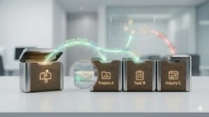 一時的な受け取り箱から、アンティークポストを介して、目的と状態ごとに仕分けされる手紙やメールのデータキューブ。不要なものはリサイクルボックスへ送られている。