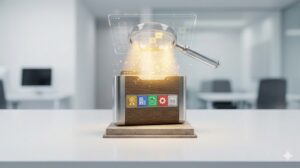 虫眼鏡で拡大され、 golden light が burst する、整然と並ぶファイルの背表紙