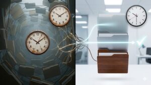 フォルダ整理は“3階層”まで|深い混乱から、3つの単純なステップへ。錆びた時計とモダンな時計で探す時間の削減を視覚化するアイキャッチ画像。