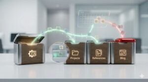 一時的な受け取り箱から、用途別(案件、参照、ブログ)に分類された洗練された箱へ、連番と日付を伴って整然と直行する画像ファイルの流れ。重複を検知し排除するフィルタも機能している。