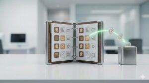 1つのバインダーにまとめられた、統一された形式(抽象的な見出しアイコンの並び)のメモ帳