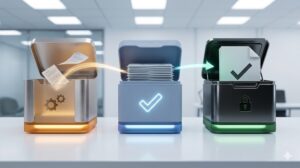 進行状況(進行中・確定・完了)ごとに色分けされた3つのフォルダ