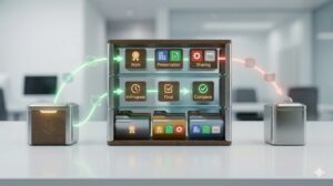 一時的な受け取り箱から、磨かれた木材、ブラシをかけられた金属、ガラス、そして光の軌跡を伴って、3層構造のモジュール式パズルに完璧に統合される、完成した整理システム。データキューブとフォルダは、特定のアイコンの配列でマークされている。これまで見てきた整理プロセスが1つの「完璧なシステム」として機能しており、背景のオフィスを美しくぼかした、現代的で広角な写真。