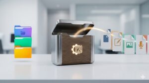 1つの具体的な案件に関連する資料、下書き、画像が、型を揃えて使う順に整然と並んで収納されている、3階層目のフォルダ