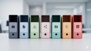 目的別に分類された3つの整理ボックスが並ぶデスク