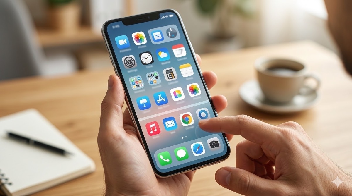 デスクでスマートフォン（スマホ）のアプリ（Google Chrome）を操作する人の手元の様子。日常的なデジタルデバイス利用シーン。