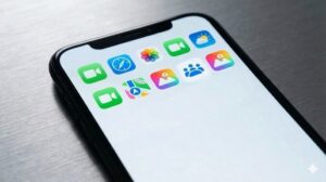 整理されたスマートフォンのホーム画面で、上部2段が完璧に美しい配置の型(コヒーシブなブロック)でアプリアイコンによって埋め尽くされている。3段目以降はクリーンな空白。整合性と型の美しさを表現したリアルな写真。