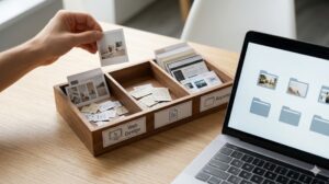 「作業の材料」として整理されたスクショと写真のクローズアップ(作業別トレイ内の区分け)