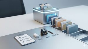デスク上の整頓されたエリアに、文字の代わりに消しゴム、フォークリフト、鉛筆のアイコンが並んだ小さなチェックリスト。その横に、3つの小さな道具(消しゴム、ミニチュアフォークリフト、鉛筆)が並んでいる。奥の溜まった仮置き箱から整理されたファイルが移動している