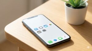 整った木製のデスクに置かれたスマートフォン、整理されたミニマルなアプリアイコンと美しい余白（空白スペース）。キープのコツ。