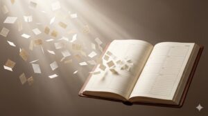 数千のリアルな紙片やメモが無造作に宙を舞い、一つの開いた美しい革装ノートへ吸い込まれ、きれいに整列して構成を形作っているイメージ