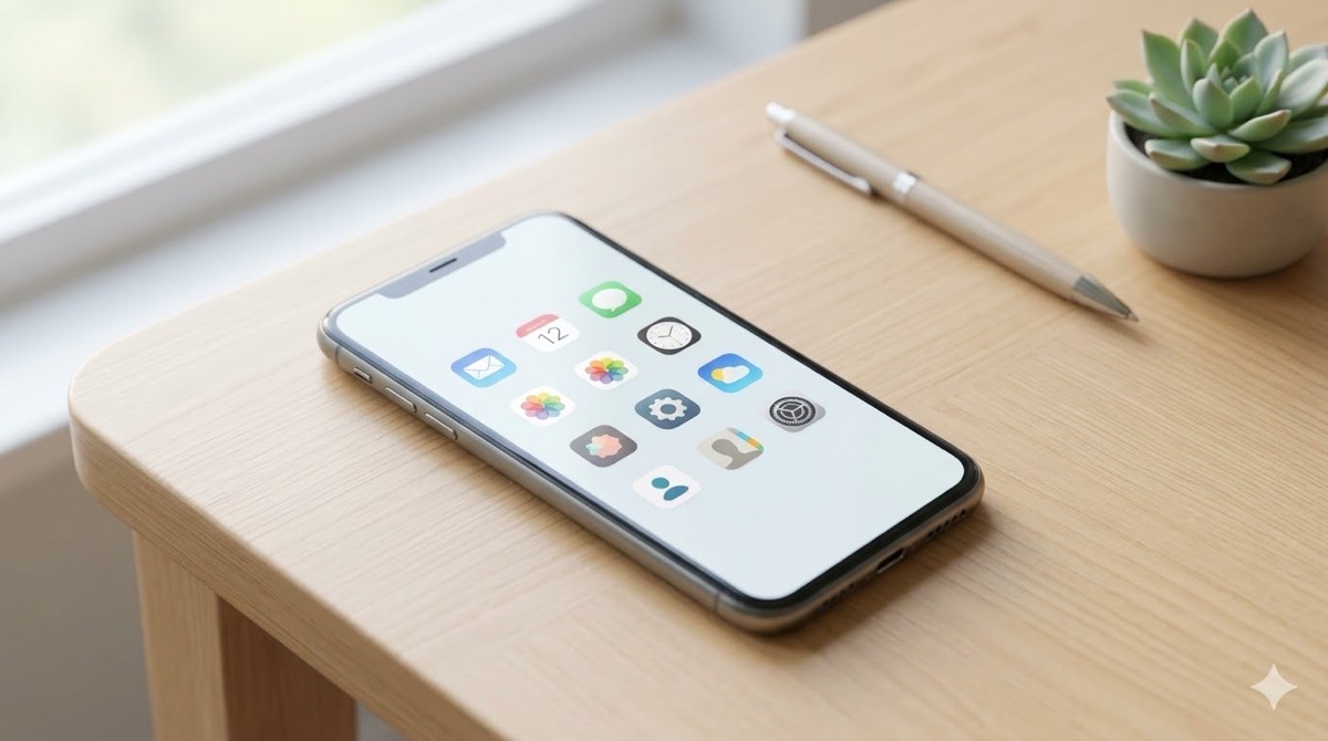 スマートフォンのホーム画面に、整理された少数の一般的なアプリアイコンが表示されている、木目調のデスク上のクローズアップ写真。背景にはペンと小さなサボテン。