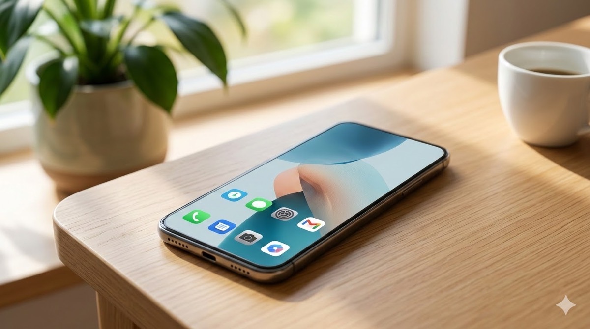 木製テーブルに置かれた、アイコンを減らして整理されたミニマルなスマホ画面。観葉植物とコーヒーカップが背景にあるリアルな写真。ブログアイキャッチ。