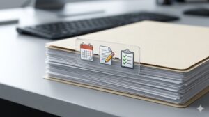 デスク上のファイル(紙の束)に、日付、内容、完了状態を象徴する3つのアイコンが組み合わさったラベルが貼られているイメージ