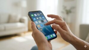 スマートフォンを手に持ち、アプリのアイコンを見直しながらスクロールする人の手。見直しの手順。