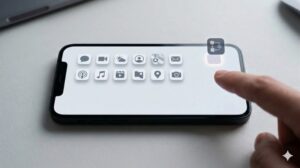 整理されたスマートフォンのホーム画面で、上部2段に美しく配置された毎日使うアプリのクラスター(手前ゾーン)に、新しいアプリのアイコン(上から降ってくる)が混ざらず、画面右上の「仮置き(一時的な場所)」スペースに自動的に収まっている。新しいアプリの到着と仮置きシステムを表現したリアルな写真。