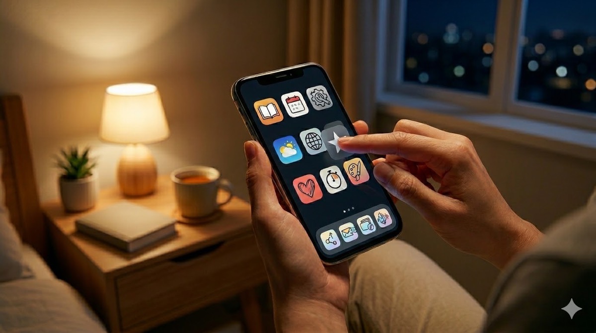 夜の寝室で、スマートフォンの画面を操作している人の両手。暖色の電気スタンドの光に照らされたスマートフォンには、カレンダーやハートなどのカラフルな手書きイラストのアプリアイコンが多数表示されており、人差し指が星のアイコンをタップしようとしている。窓の外には夜の街の明かりが広がっている。