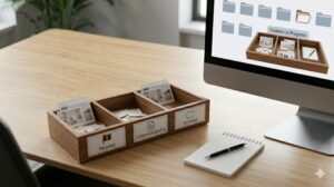 PC画面上の「作成中」フォルダセクションに、メモアイコンや他の途中ファイルが集約されているクローズアップ。デスク上の物理メモとペンがリンクしている。