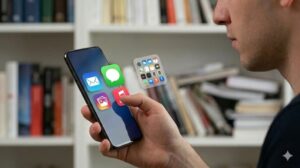 スマートフォンのホーム画面で、前面に鮮明な数個のアプリがあり、その後ろにぼやけた小さなアプリが入ったフォルダアイコンが配置されているスマートフォンの写真。整理。