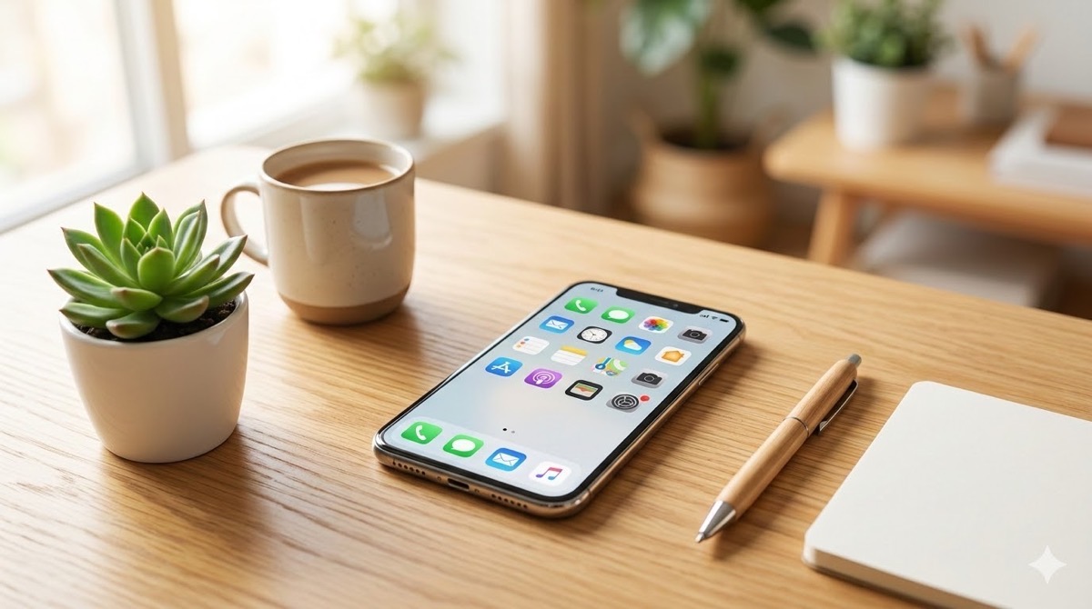 明るく整理されたデスクに置かれた、アプリが整理されているスマートフォンのリアルな写真