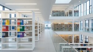 構造化されたモダンな図書館で、浅い階層のよく使う本棚と、深い階層の保管用エリアが明確に分かれている様子を表現した横長のアイキャッチ画像