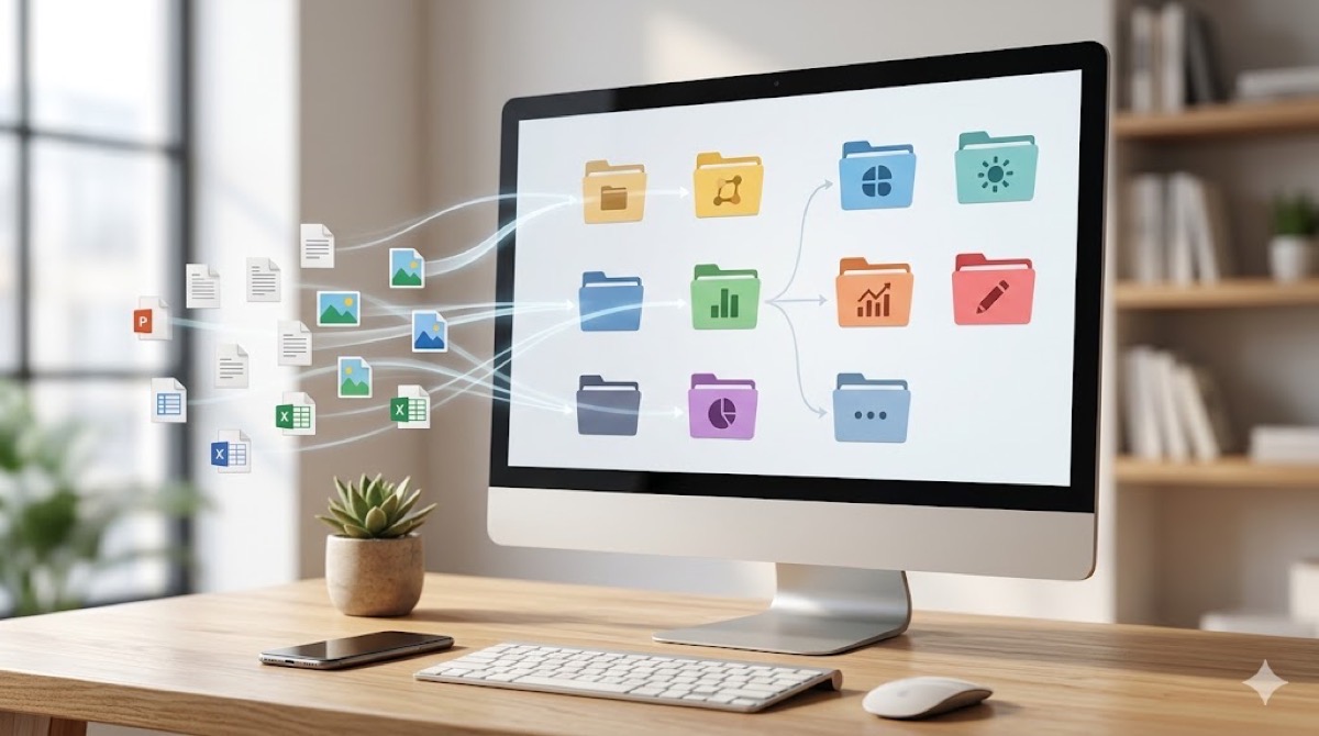 PCデスク上で、様々なファイルが整理された作業別フォルダへ整然と振り分けられるフローを描いた写真。保存ルールの最適化による作業効率化のイメージ。