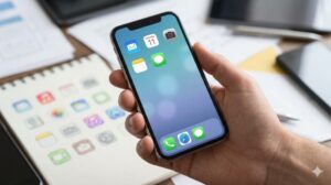 スマートフォンのホーム画面で、数個のよく使うアプリだけが整理されて配置されている、手持ちのスマートフォンの写真。散らかったデスクとの対比。