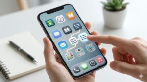 スマートフォンの整理されたアプリ画面。ToDoリストのアイコンをタップすると、そこから他のアイコンへ光の線が伸び、スムーズな動線とアプリ間の連携を視覚化した様子。