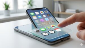 整理されたスマートフォンのホーム画面と、その背後にある「ゾーニング」の概念。毎日使う数少ないアプリアイコンが十分な余白を持って並んでおり、鮮明で活気がある。物理的な奥行き(遠近法)を使って、手前と奥の区別を視覚的に説明している。