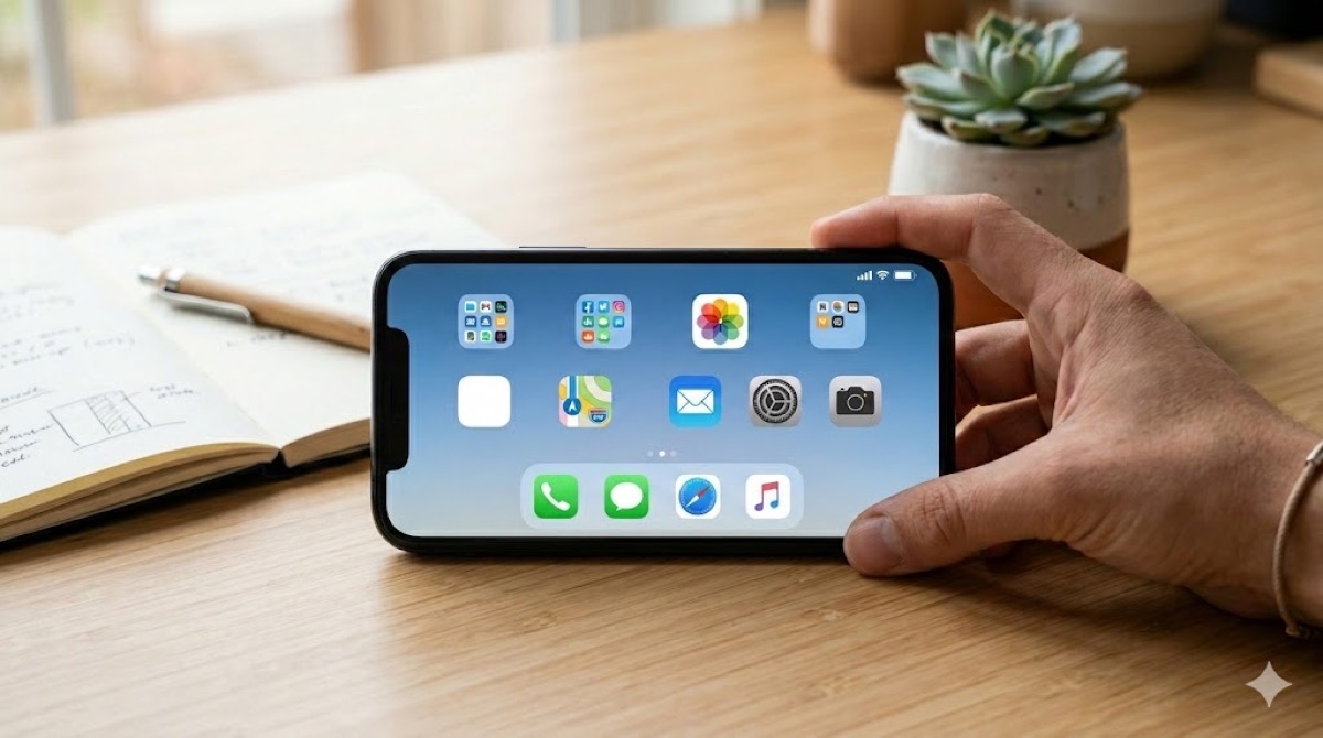 木目調のデスクに置かれた、アプリアイコンが整理整頓されたスマートフォンのホーム画面と、それを手に持つ人のアイキャッチ画像