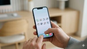 スマートフォンを片手で持ち、整理されたホーム画面の下部ドックにあるアプリアイコンを親指でスムーズにタップしようとしている手のアイキャッチ画像