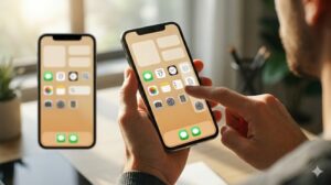 スマートフォンを持つ手が中心に配置された、洗練されたホームオフィス。画面が崩れ防止に基づいて配置され、ユーザーが操作の流れが止まらない。ユーザーはストレスフリーで、満足げな表情。効率的でストレスフリーなデジタル生活。混乱した配置との対比を表現。