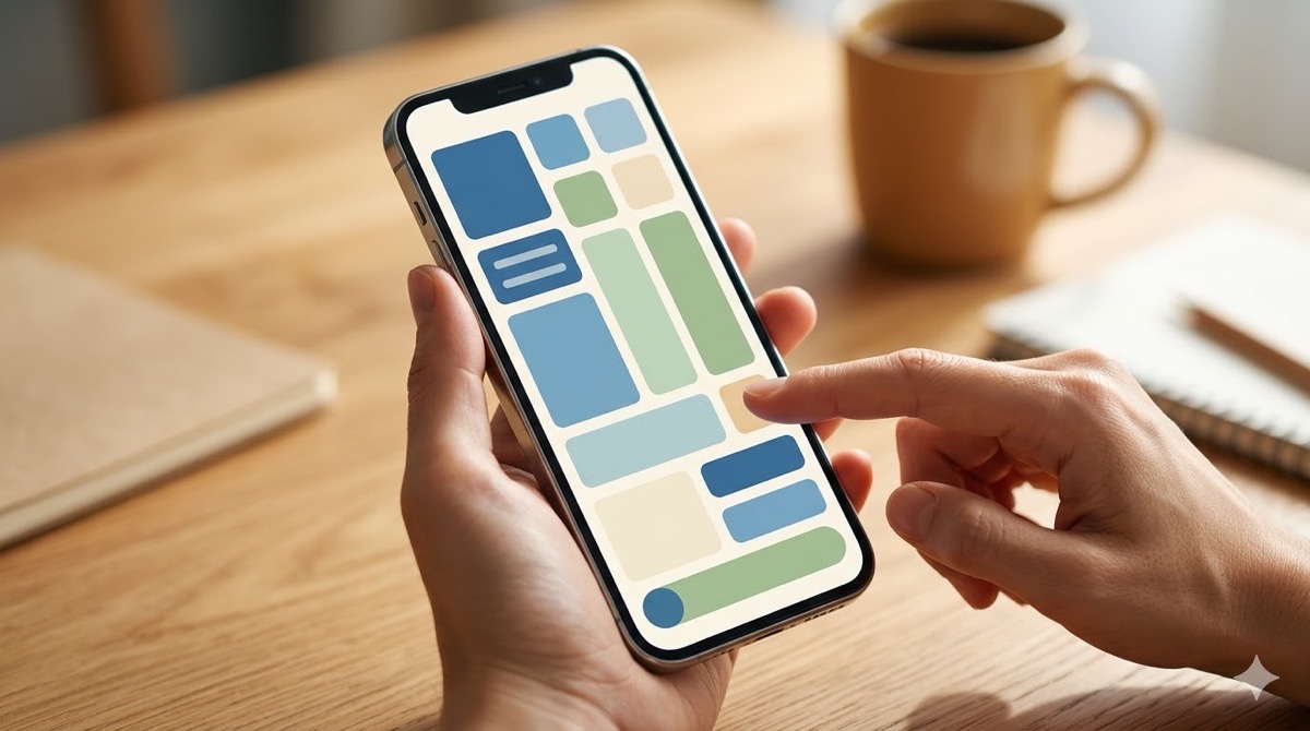 木製のデスクでスマートフォンを両手で持ち、色分けされた整ったUIデザインの画面を操作する様子。