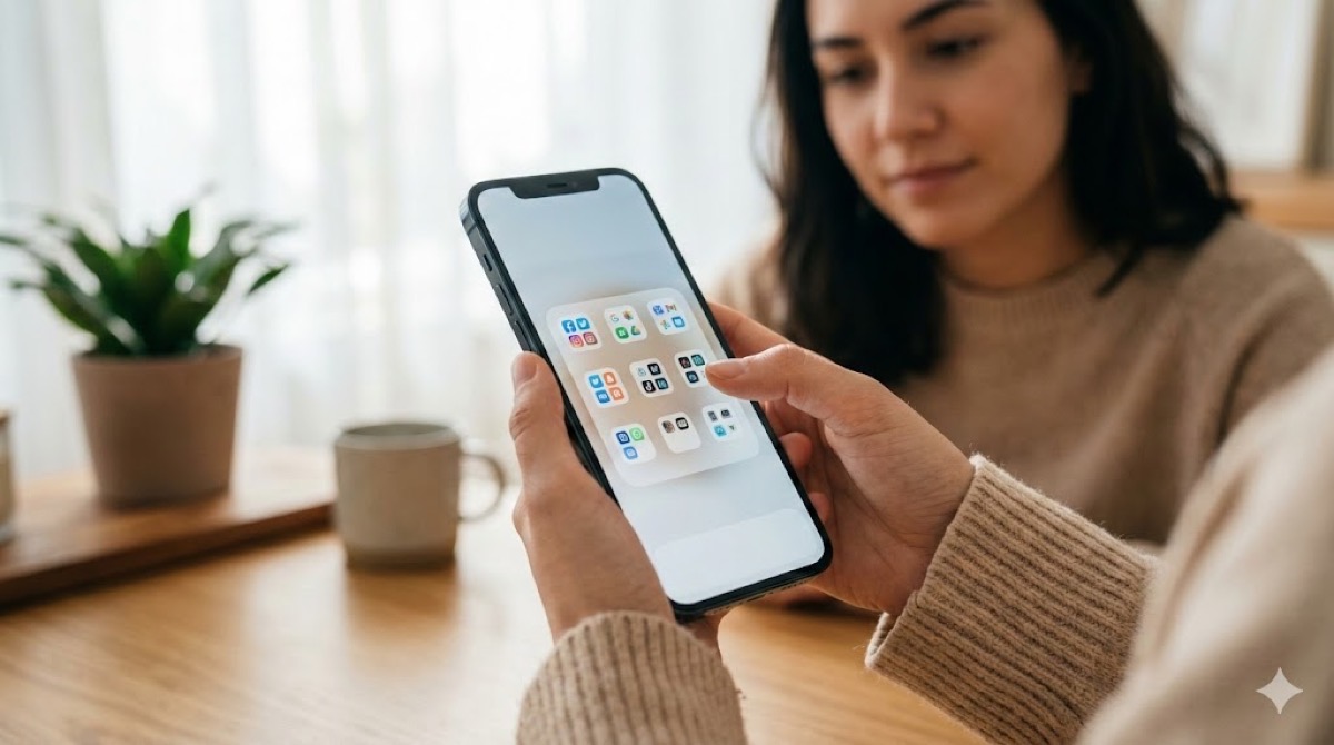 スマートフォンのホーム画面で、多数のアプリをフォルダにまとめて整理・収納する様子。スマホのアプリ整理術、フォルダ分けの例を示すアイキャッチ画像。