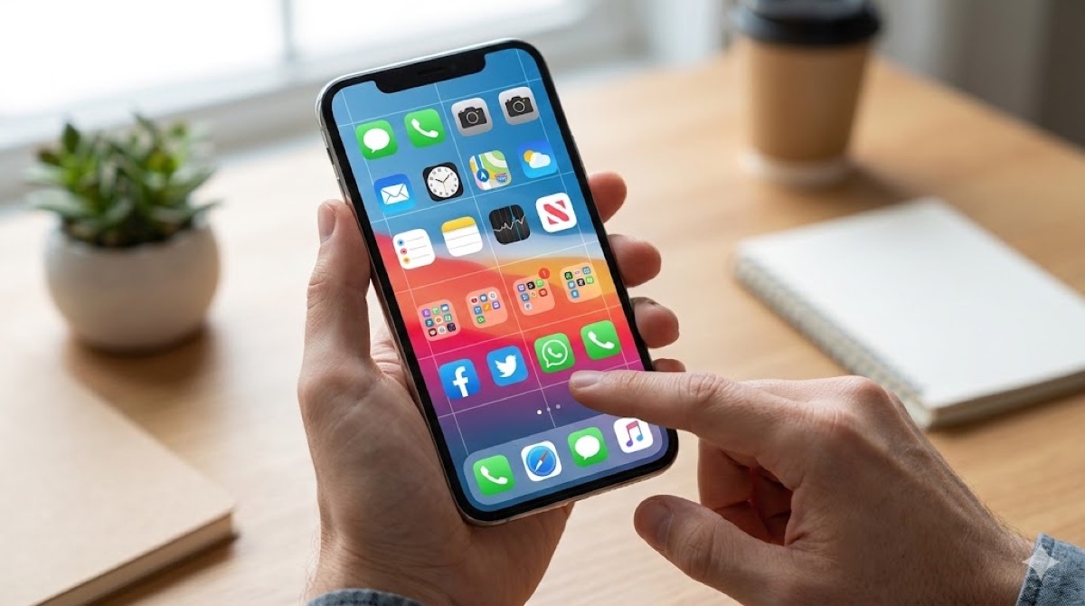 整理されたスマートフォンのホーム画面をタップする手。アプリの「定位置」作りで使いやすさを追求するイメージ。