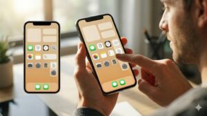 整理されたデスクの上で、完璧に整頓されたスマートフォンの画面を満足げに操作するユーザー。混乱から始まったホーム画面整理の完成形を表現。