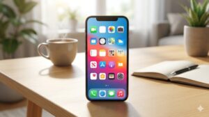 整理されたスマートフォンのホーム画面と、自然光が入るリビングのデスク。自分に合ったスマホの整理基準を持つ大切さを表現