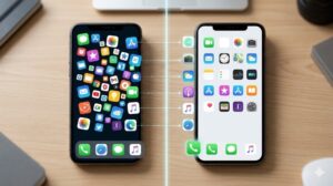 スマホのアプリをごちゃごちゃした状態から、すっきりと整った状態に並べ替える様子の対比